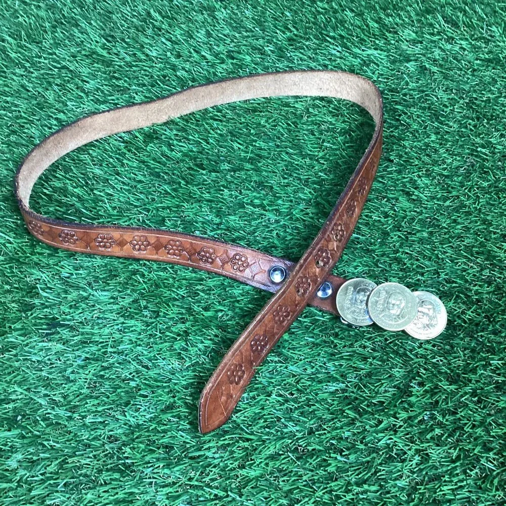 Vintage Peso Coin Buckle with Tooled Leather Belt